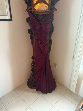 V-Neck Burgundy Satin Maxi Dress